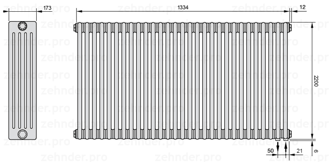 Схема (чертеж) Радиатор Zehnder Charleston 5220/29 №5510 Белый глянцевый RAL 9016